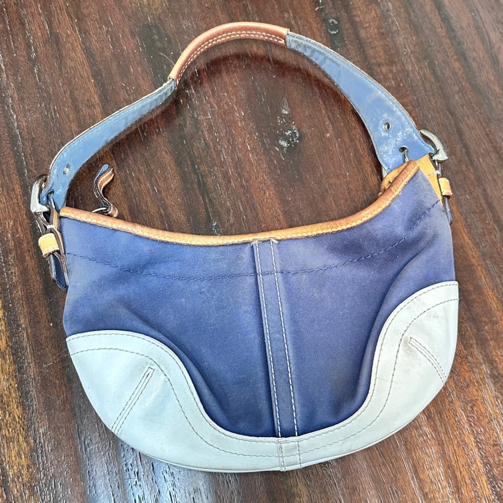 Vintage Y2K Coach 4431 Canvas Leather Trim Hobo Shoulder Bag Women Small Blue